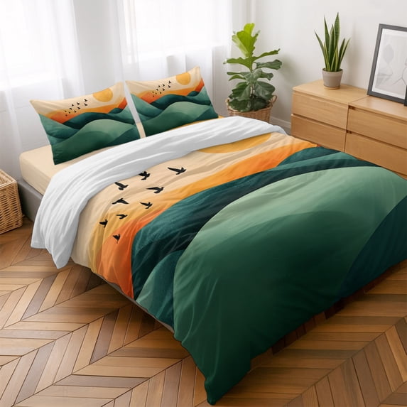 Queen Size Duvet Cover 4 Piece Bedding Set Abstract Mountain Birds ...