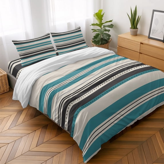 Queen Size Duvet Cover 4 Piece Bedding Set Blue Black Stripes Bed Sheet ...