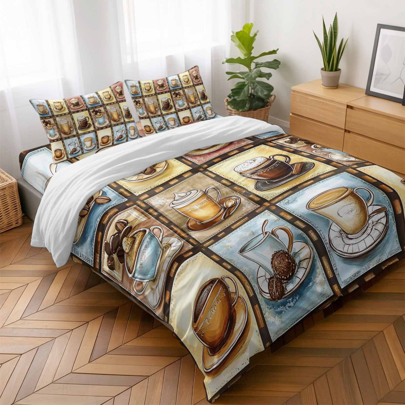 Queen Size Duvet Cover 4 Piece Bedding Set Cafe Coffee Cup Bed Sheet ...