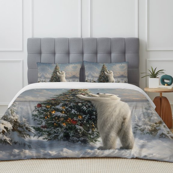 Queen Size Duvet Cover 4 Piece Bedding Set Christmas Tree Bells Polar Bear Bed Sheet Sets Soft Microfiber Comforter Cover with Flat Sheet 2 Pillow Shams