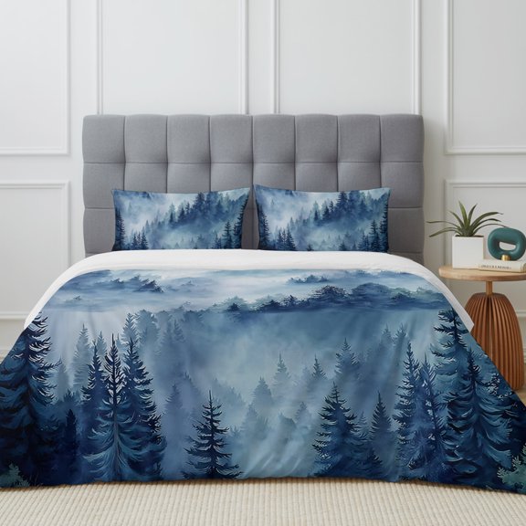 Queen Size Duvet Cover 4 Piece Bedding Set Forest Tree Mountain Bed Sheet Sets Soft Microfiber Comforter Cover with Flat Sheet 2 Pillow Shams