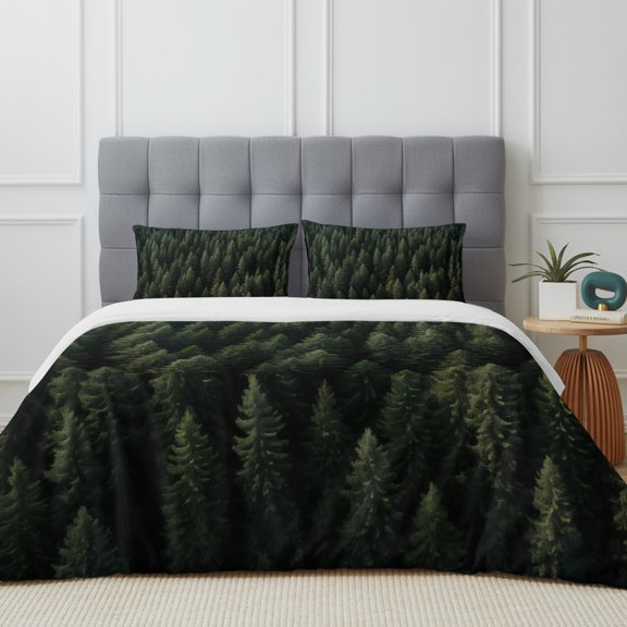 Queen Size Duvet Cover 4 Piece Bedding Set Gradient Green Forest Tree Bed Sheet Sets Soft Microfiber Comforter Cover with Flat Sheet 2 Pillow Shams