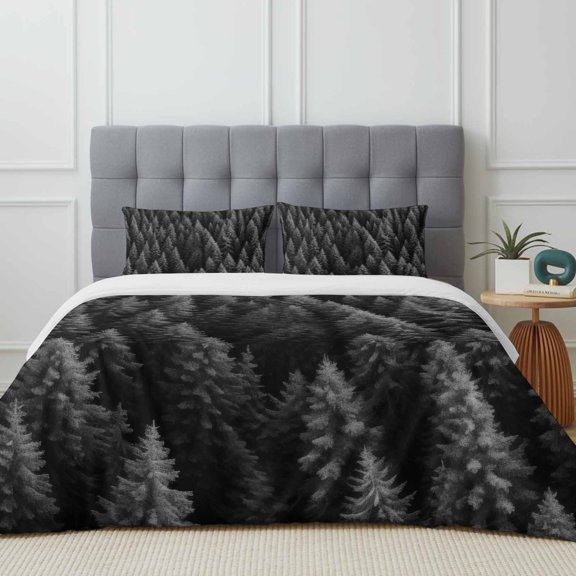 Queen Size Duvet Cover 4 Piece Bedding Set Gray Gradient Pine Tree Forest Bed Sheet Sets Soft Microfiber Comforter Cover with Flat Sheet 2 Pillow Shams