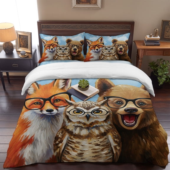 Queen Size Duvet Cover 4 Piece Bedding Set Hipster Fox Owl Bed Sheet Sets Soft Microfiber Comforter Cover with Flat Sheet 2 Pillow Shams