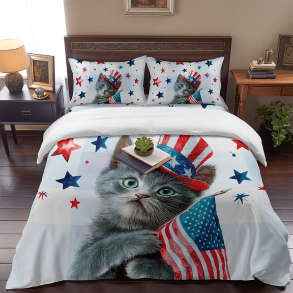 Queen Size Duvet Cover 4 Piece Bedding Set Independence Day Cute Kitty Bed Sheet Sets Soft Microfiber Comforter Cover with Flat Sheet 2 Pillow Shams