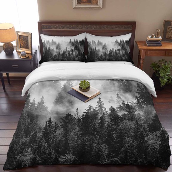 Queen Size Duvet Cover 4 Piece Bedding Set Monochrome Misty Natural Forest Bed Sheet Sets Soft Microfiber Comforter Cover with Flat Sheet 2 Pillow Shams
