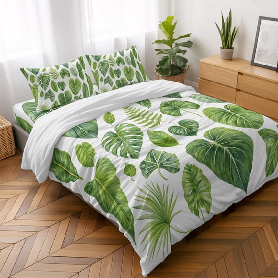 Queen Size Duvet Cover 4 Piece Bedding Set Palm Leaf Green Bed Sheet ...