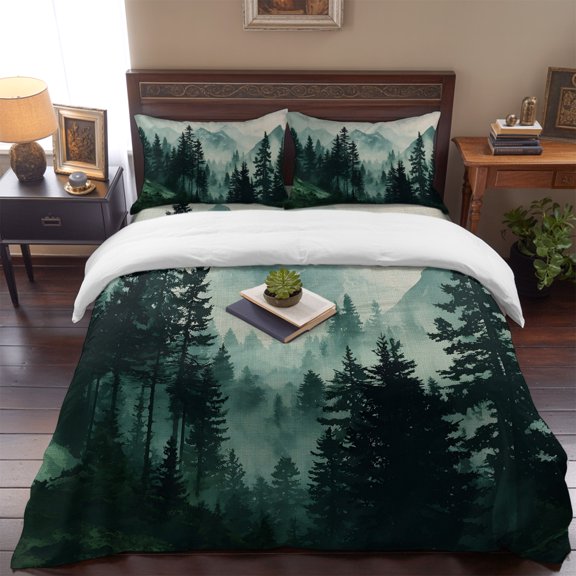 Queen Size Duvet Cover 4 Piece Bedding Set Retro Forest Silhouette Bed Sheet Sets Soft Microfiber Comforter Cover with Flat Sheet 2 Pillow Shams