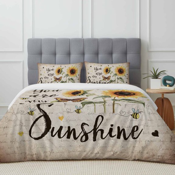 Queen Size Duvet Cover 4 Piece Bedding Set Retro Sunflower Sunshine Quote Bed Sheet Sets Soft Microfiber Comforter Cover with Flat Sheet 2 Pillow Shams