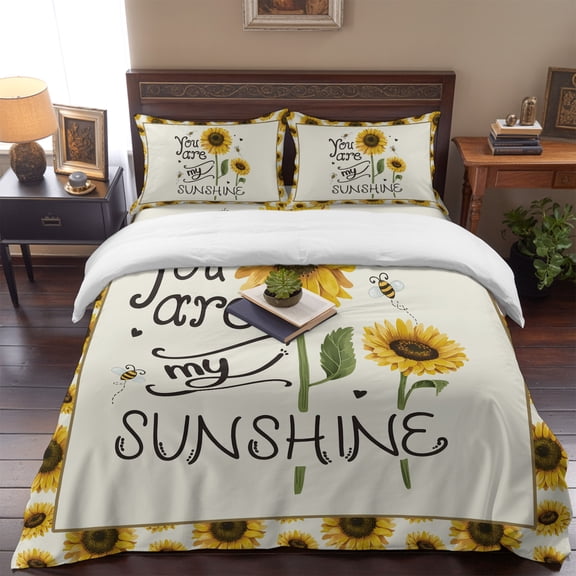 Queen Size Duvet Cover 4 Piece Bedding Set SUNSHINE Sunflower Quotes Bed Sheet Sets Soft Microfiber Comforter Cover with Flat Sheet 2 Pillow Shams