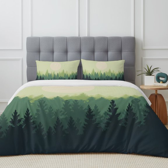 Queen Size Duvet Cover 4 Piece Bedding Set Sage Green Gradient Forest Tree Bed Sheet Sets Soft Microfiber Comforter Cover with Flat Sheet 2 Pillow Shams
