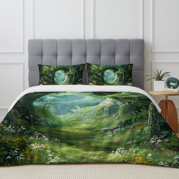 Queen Size Duvet Cover 4 Piece Bedding Set Spring Forest Tree Plant Bed Sheet Sets Soft Microfiber Comforter Cover with Flat Sheet 2 Pillow Shams