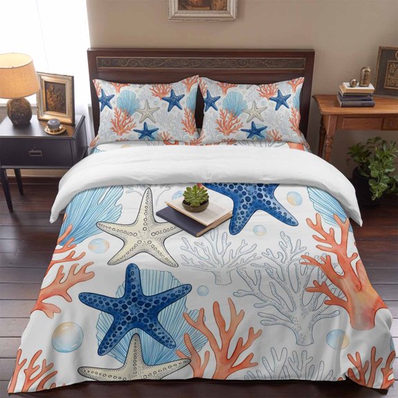 Queen Size Duvet Cover 4 Piece Bedding Set Summer Starfish Coral Shell Bubble Bed Sheet Sets Soft Microfiber Comforter Cover with Flat Sheet 2 Pillow Shams