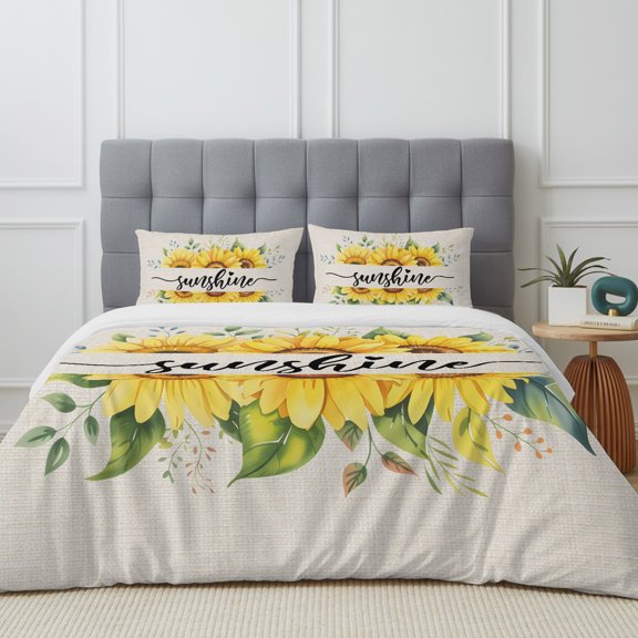 Queen Size Duvet Cover 4 Piece Bedding Set Sunshine Quote Farm Sunflower Bed Sheet Sets Soft Microfiber Comforter Cover with Flat Sheet 2 Pillow Shams