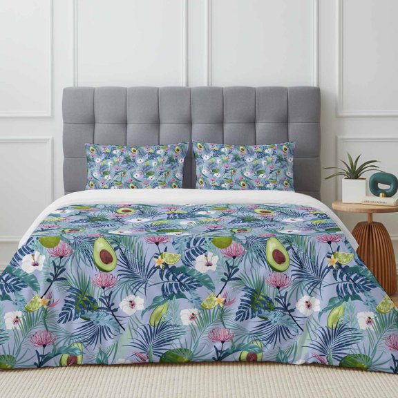 Queen Size Duvet Cover 4 Piece Bedding Set Tropical Avocado Fruit and Flower Bed Sheet Sets Soft Microfiber Comforter Cover with Flat Sheet 2 Pillow Shams