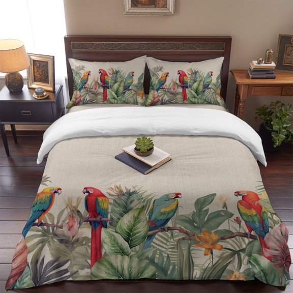 Queen Size Duvet Cover 4 Piece Bedding Set Tropical Birds Parrot on Branch Bed Sheet Sets Soft Microfiber Comforter Cover with Flat Sheet 2 Pillow Shams
