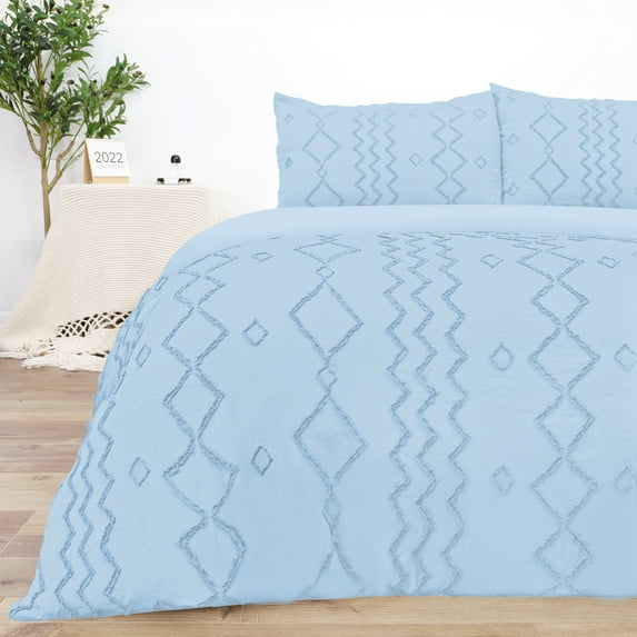 Queen Size Duvet Cover, Soft, Breathable 3 Pieces Bedding Set with Zipper Closure, 8 Corner Ties, 2 Pillow Shams, 1 Duvet Cover for All Seasons (Queen, 90X90 Inches, Blue-No Comforter)