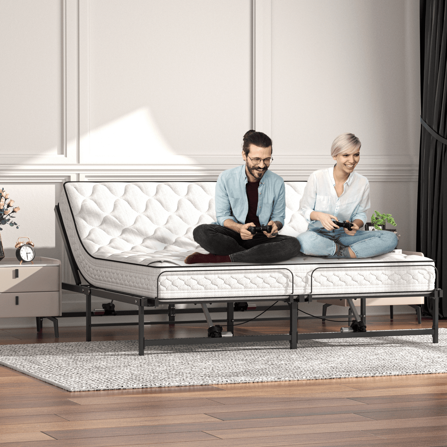 Queen Size Electric Adjustable Bed Base Frame with Wireless Remote, Ergonomic Foot and Head Incline Function, for Pregnant Woman, the Elderly