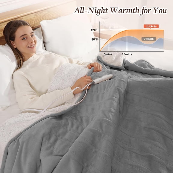 Queen Size Electric Blanket 84''x90'' Heated Blanket - Plush Flannel and Soft Fleece Heating Blanket for Couple, 5 Heat Levels & 10 Hours Auto-Off, Great Gift for Grandma (Gray)