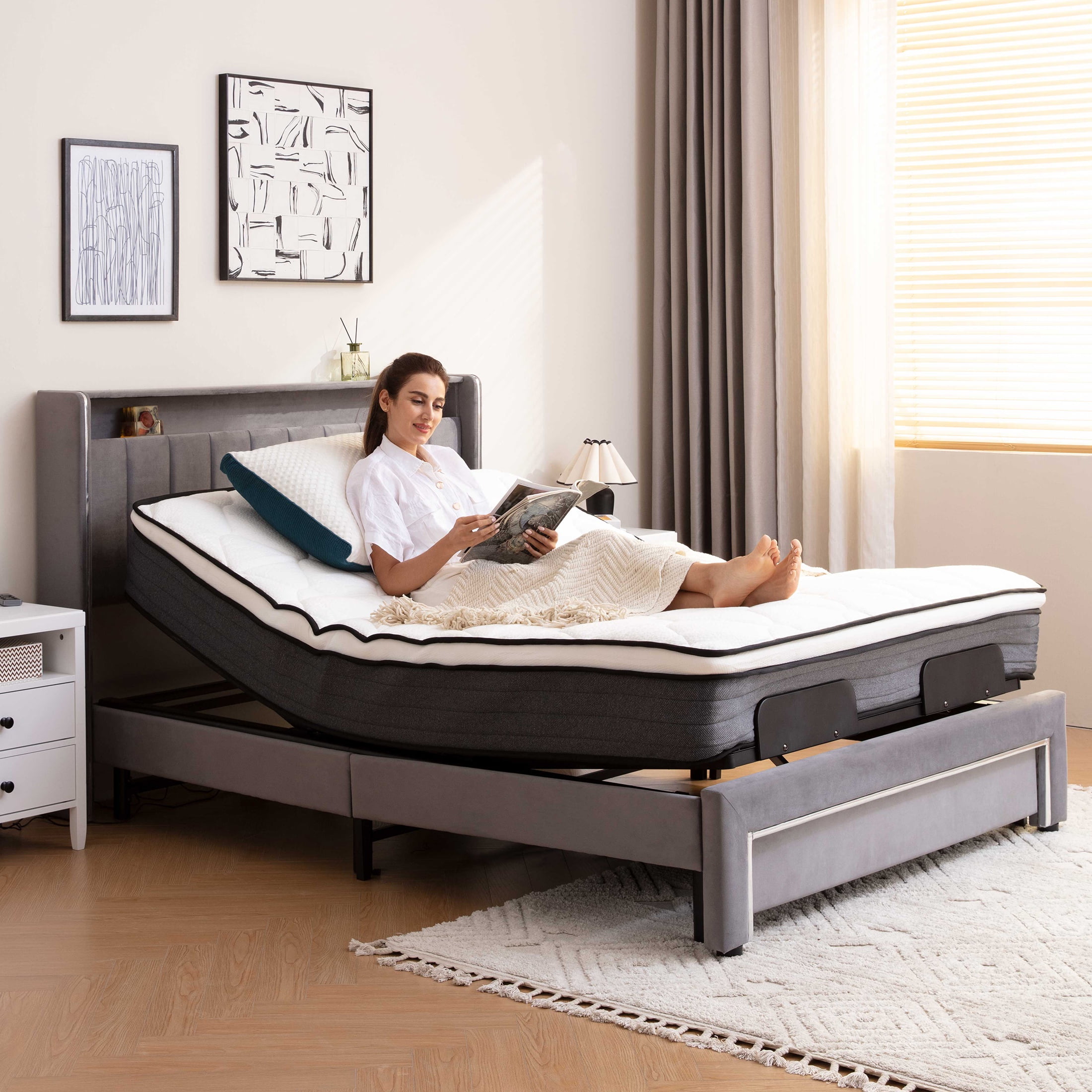 HSUNNS Adjustable Bed Frame, Queen Size Electric Ergonomic Platform Bed Frame with Wired Remote Head and Foot Incline 14" High Foldable Metal, Dual Motor No Box Spring Required, Black