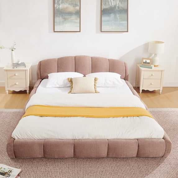 Queen Size Elegant Chenille Upholstered Platform Bed Frame, Curved ...