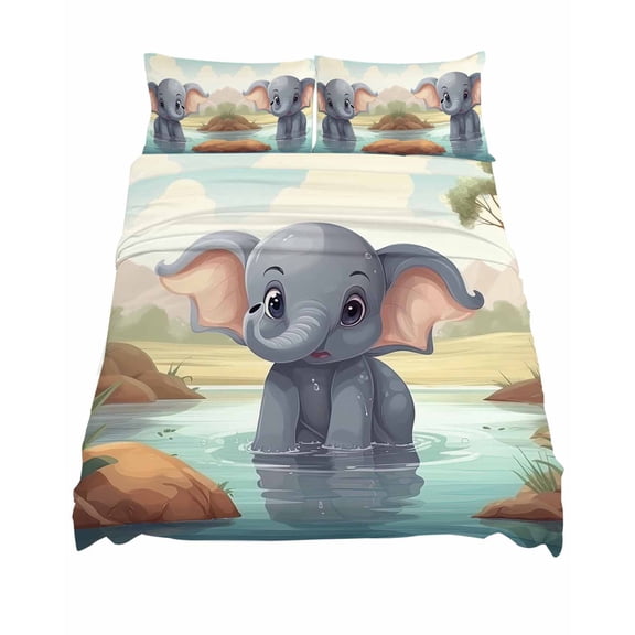 Queen Size Elephant Pool Water Sheet Sets Trees Reflection Bathing Elephant Soft Breathable Microfiber Bed Sheets Deep Pockets 4 Piece Bed Sheets Set, 1 Fitted Sheet, 1 Flat Sheet & 2 Pillowcases