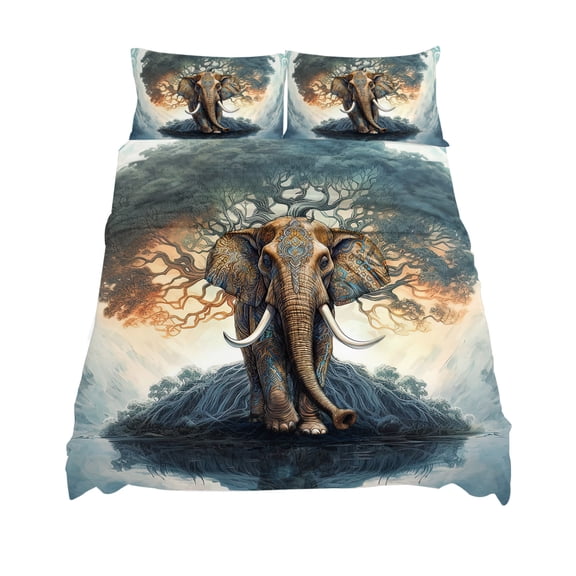 Queen Size Elephant Tree Water Surface Sheet Sets Reflection Pink Clouds Sky Animal Soft Breathable Microfiber Bed Sheets 4 Piece Bed Sheets Set, 1 Fitted Sheet, 1 Flat Sheet & 2 Pillowcases