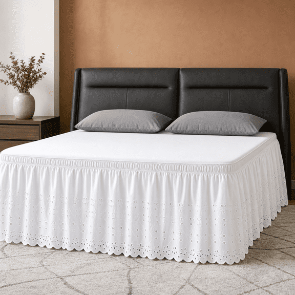 Queen Size Embroidery White Bed Skirt, 18" Drop, Ruffled Eyelet Dust Ruffle