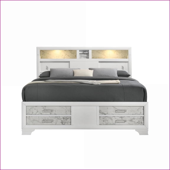 Queen Size Engineered Wood Bed with Two-Tone Marble & Lacquer Finish, LED Lighting & Padded Headboard for Master Bedroom