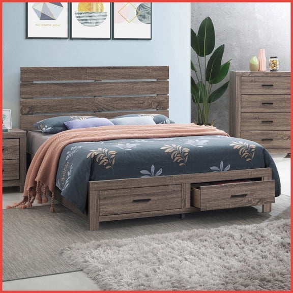 Queen Size Engineered Wood Storage Platform Bed - Barrel Oak, No Box Spring Needed for Master Bedroom