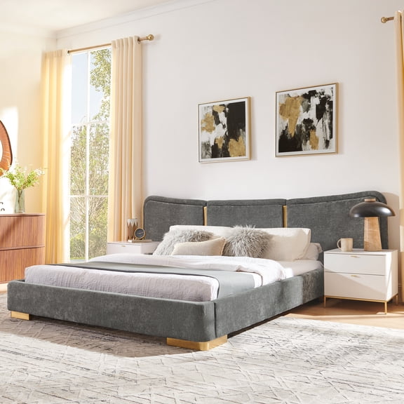 Queen Size Extra Large Platform Bed, Soft Chenille Fabric Frame, Curved Headboard, Reinforced Electroplated Metal Legs, Flexible DIY Side Space Design-Dark Gray