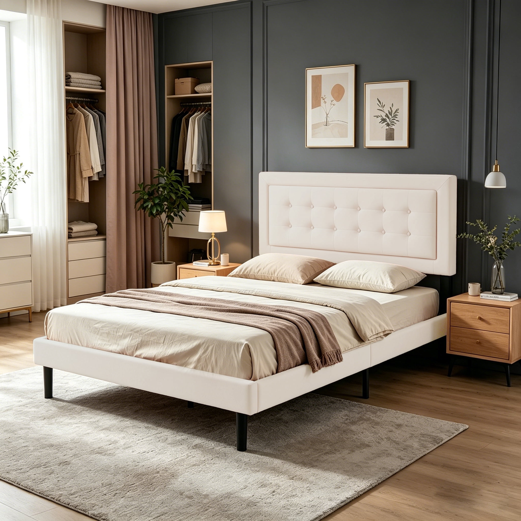 Queen Size Fabric Upholstered Platform Bed, Solid Wood Slat Support, Easy Assembly, Beige