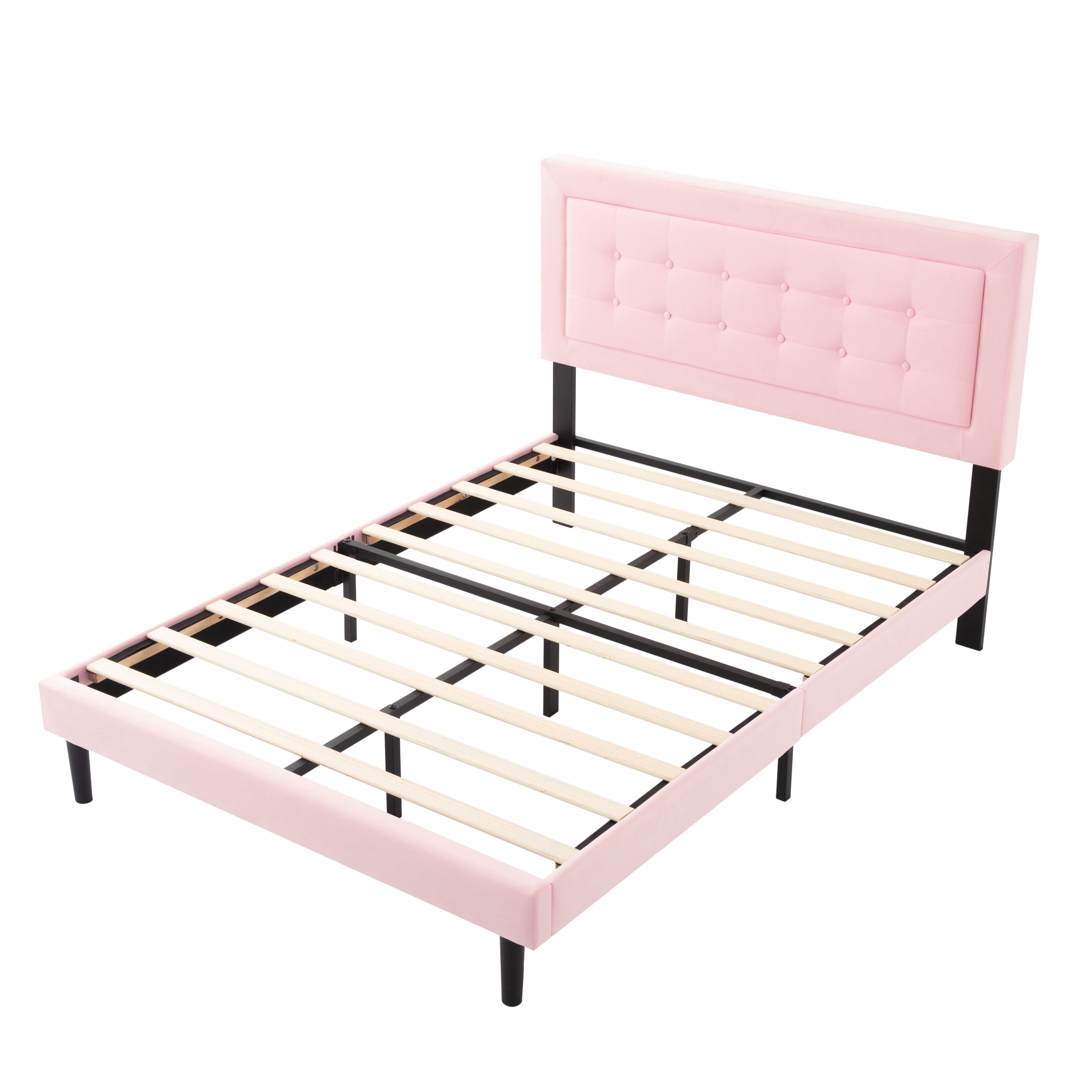 Queen Size Fabric Upholstered Platform Bed, Solid Wood Slat Support, Easy Assembly, Pink