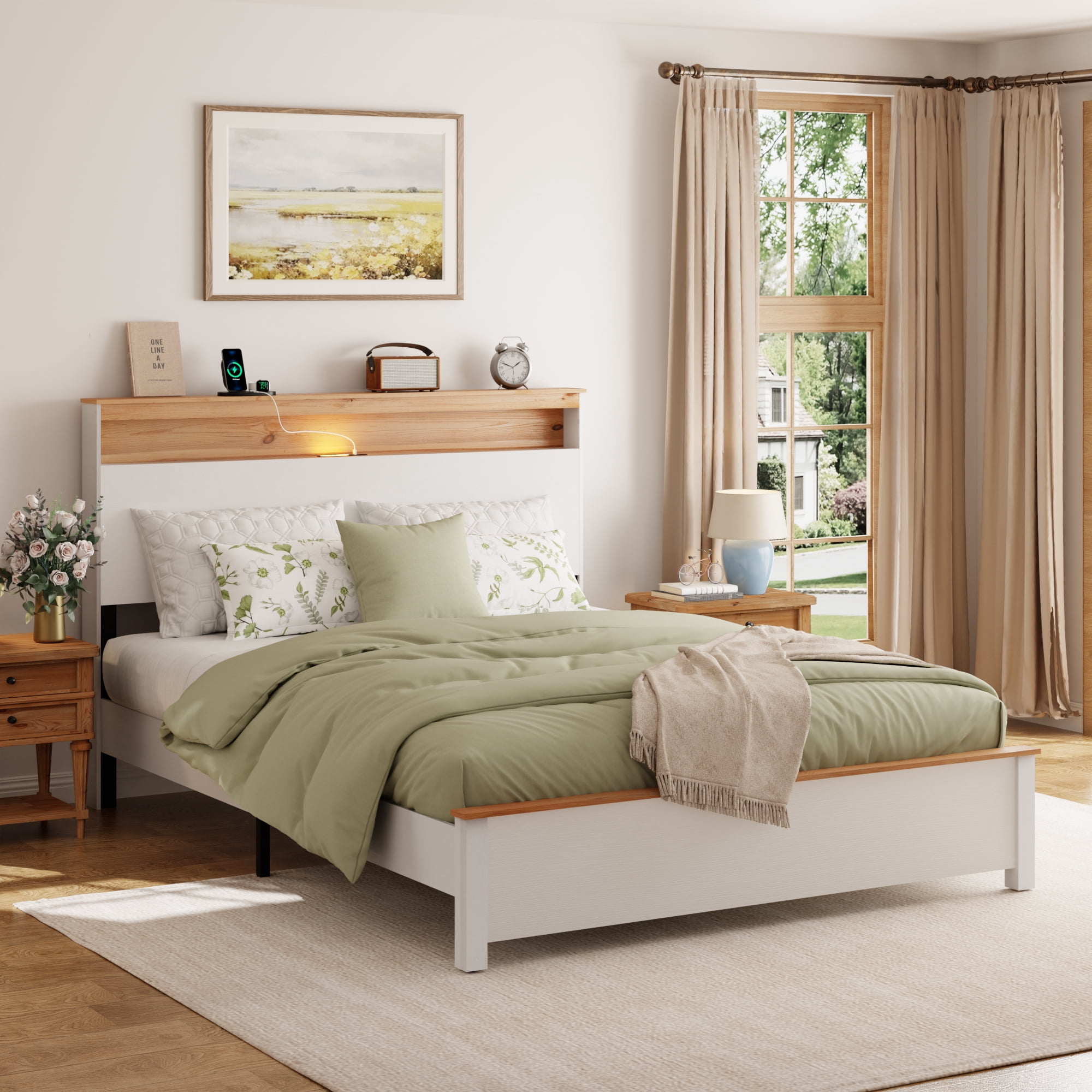 Queen Size Farmhouse Bed Frame with Storage Headboard, Wooden Platform Bed with Charging Station & LED Lights, Strong Metal Slats Support, No Box Spring Needed, White Oak Finish