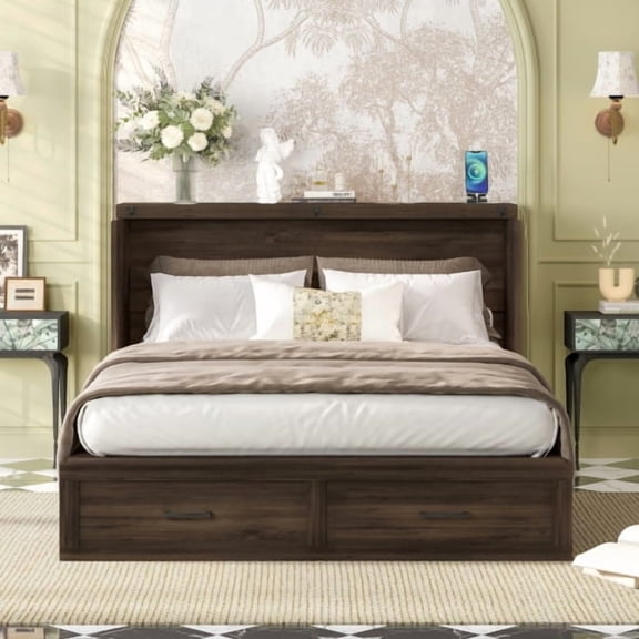 Queen Size Farmhouse Murphy Cabinet Bed with Charging Station, Foldable Platform Bed with Large Storage Drawer for Guest Room, Small Bedroom, Gray