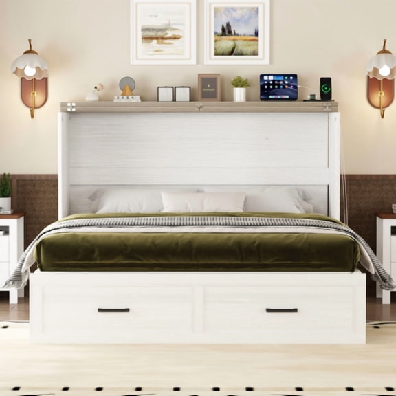 Queen Size Farmhouse Murphy Cabinet Bed with Charging Station, Foldable Platform Bed with Large Storage Drawer for Guest Room, Small Bedroom, White