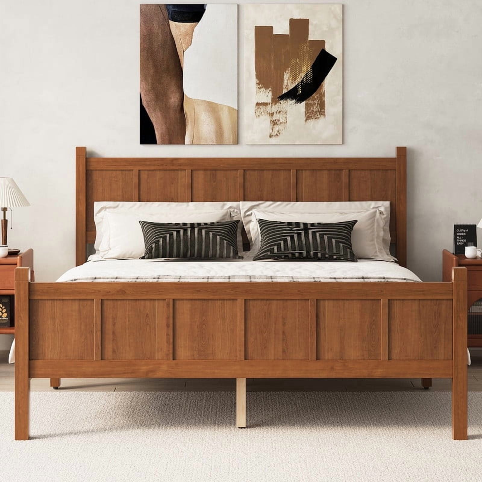 Queen Size Farmhouse Platform Bed with Flat Panel Designed Headboard & Footboard, Minimalist Wood Bed Frame with Under-Bed Storage