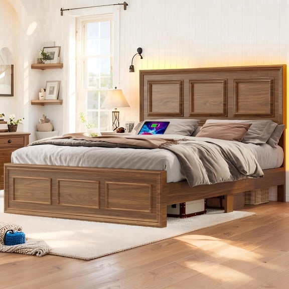 Queen Size Farmhouse Platform Bed with LED Headboard & Charging Station, Wood Frame, Brown