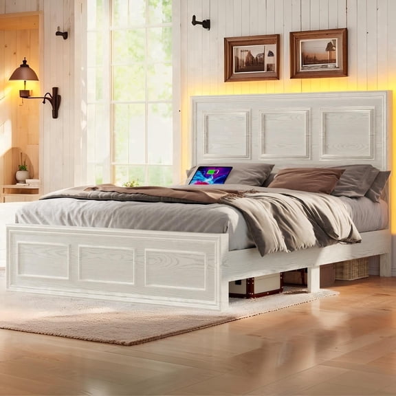 Queen Size Farmhouse Platform Bed with LED Headboard & Charging Station, Wood Frame, White