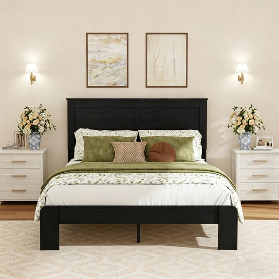 Queen Size Farmhouse Wooden Bed Frame with Headboard, Rustic Platform Bed with Silent Wood Slat System, No Box Spring Needed, Rustic Black