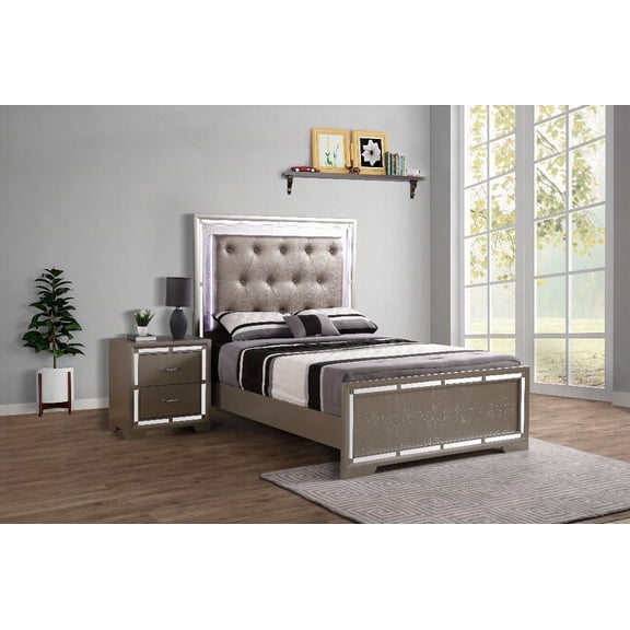 Queen Size metal bed frame with reflective mirror accents silver champagne for master bedroom