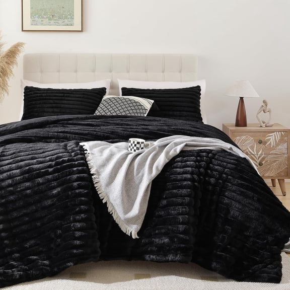 Queen Size Faux Fur Flannel Comforter Set, 3 Piece Striped Plush Warm All Season Bedding
