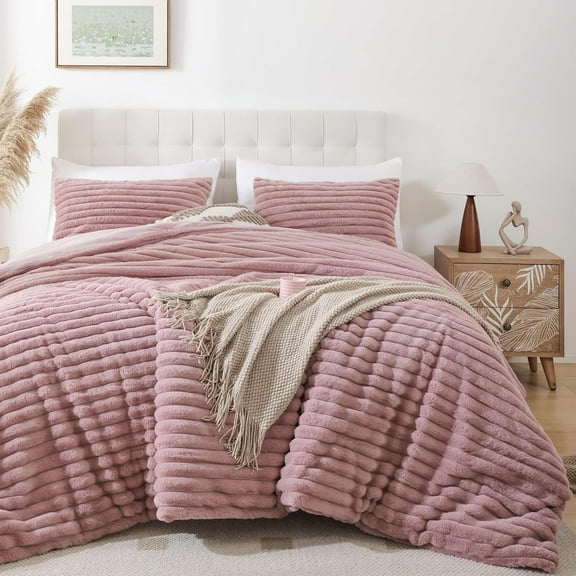 Queen Size Faux Fur Flannel Comforter Set, 3 Piece Striped Plush Warm All Season Bedding