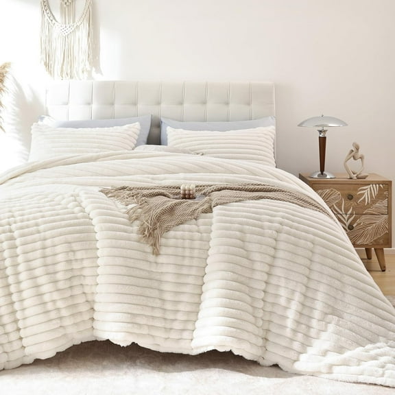 Queen Size Faux Fur Flannel Comforter Set, 3 Piece Striped Plush Warm All Season Bedding