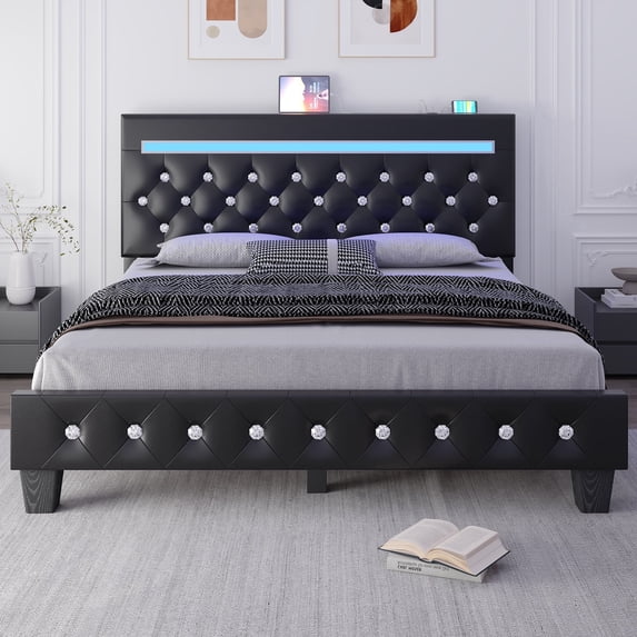 Queen Size Faux Leather LED Bed Frame with Adjustable Headboard Upholstered Platform Bed with Charging Station Diamond Button Tufted Style, Black