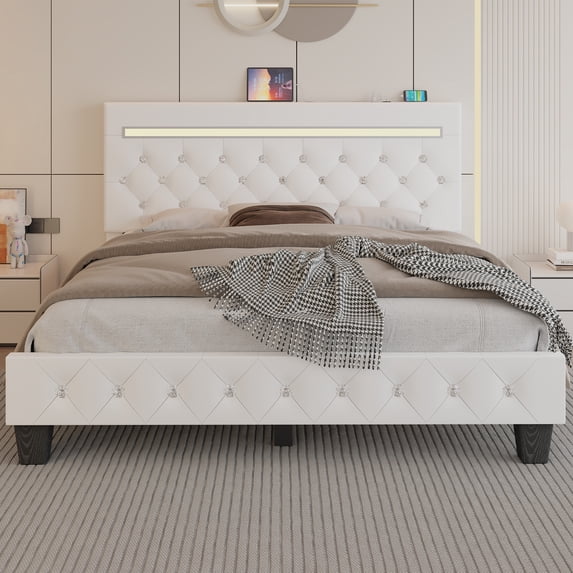 Queen Size Faux Leather LED Bed Frame with Adjustable Headboard Upholstered Platform Bed with Charging Station Diamond Button Tufted Style, White
