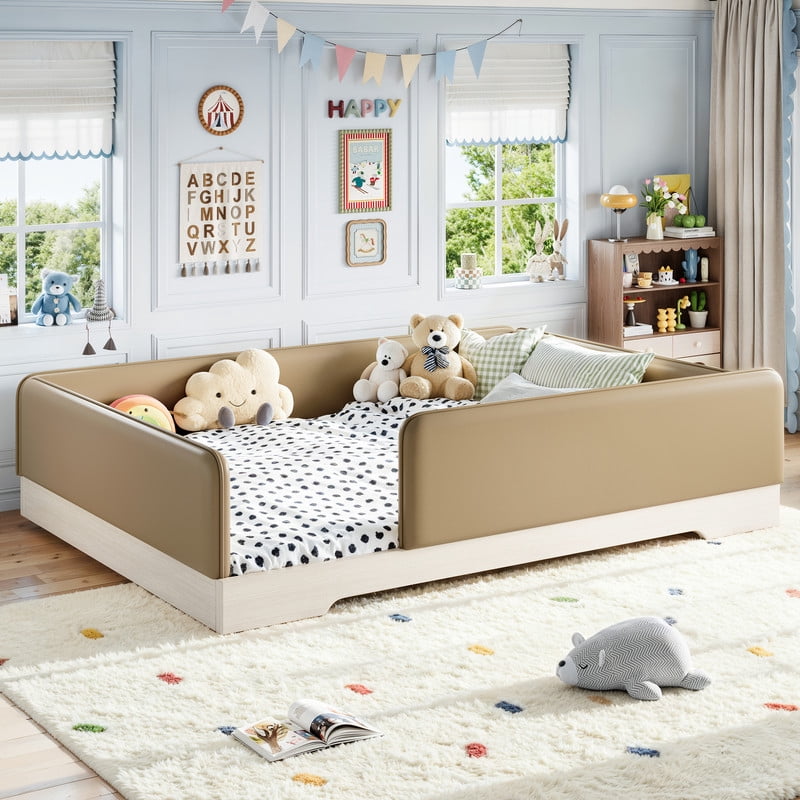Queen Size Faux Leather Upholstered Floor Bed, Kids Montessori Bed Frame with Removable Guardrail, Low Profile Platform Bed