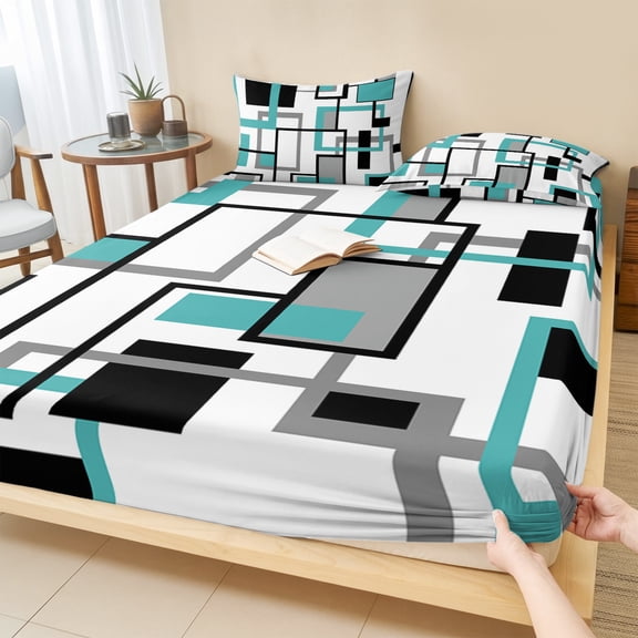 Queen Size Fitted Sheet Set - Abstract Aqua, 3 Piece Bedding Sets 16" Deep Pocket Fitted Sheet with 2 Pillowcases, Modern Grey Geometric White Middle Century Brushed Microfiber Hotel Bed Sheets