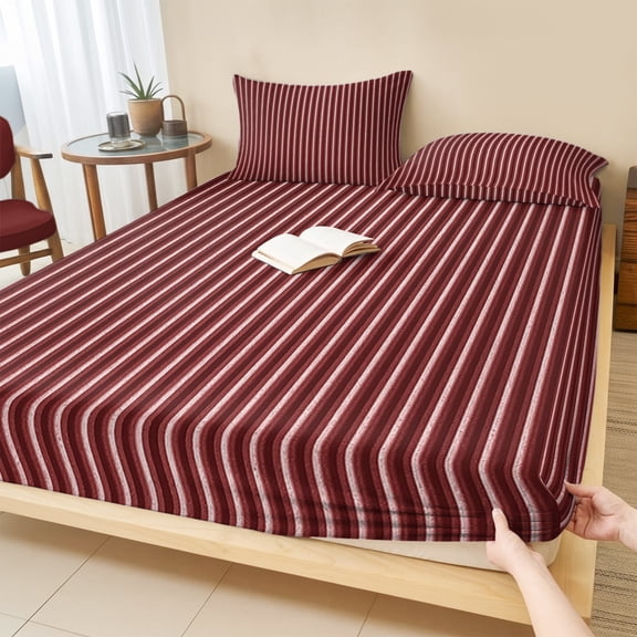 Queen Size Fitted Sheet Set - Abstract Red, 3 Piece Bedding Sets 16" Deep Pocket Fitted Sheet with 2 Pillowcases, Contemporary Minimalist Gradual Lines Brushed Microfiber Hotel Luxury Bed Sheets