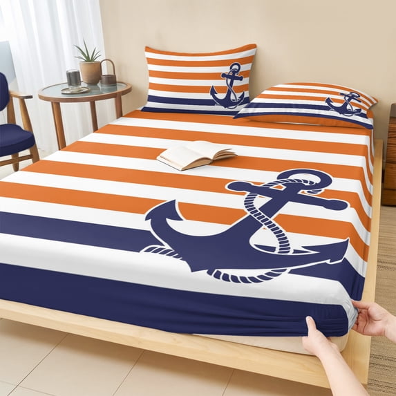 Queen Size Fitted Sheet Set - Anchor Orange 3 Piece Bedding Sets 16" Deep Pocket Fitted Sheet with 2 Pillowcases, Modern Navy Blue White Striped Nautical Brushed Microfiber Hotel Luxury Bed Sheets